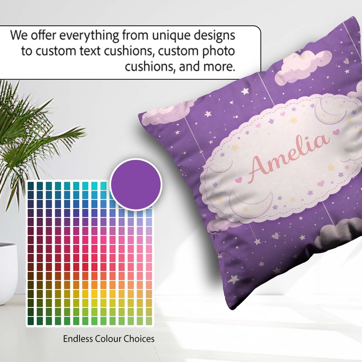 Custom Name Purple Night Sky Moon Hanging Stars Seamless Pattern Square Filled Cushion Throw Pillow Sofa Bed Home Decor Zip Washable UK Made
