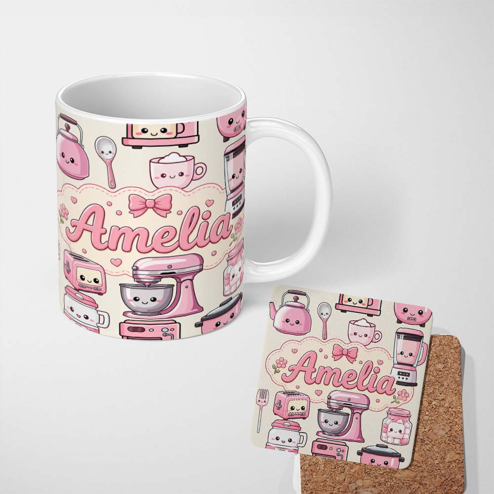 Personalized Custom Name Cute Kawaii Kitchen Appliances Mixer Toaster Blender Cream 11oz Ceramic Coffee Tea Mug White Large Handle