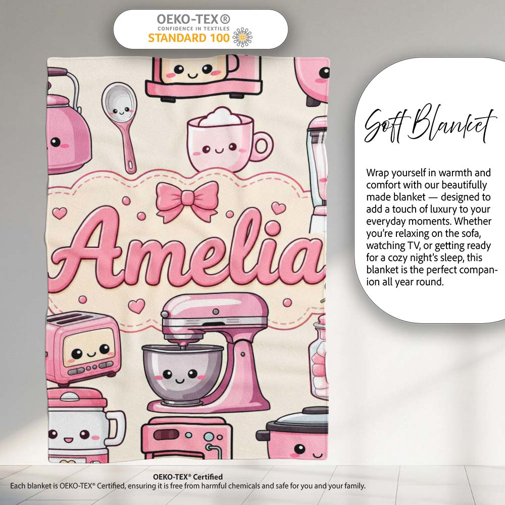 Cute Kawaii  Appliances Mixer Toaster Blender Cream  Personalised Custom Name Super Soft Fleece Blanket Bed Sofa Throw
