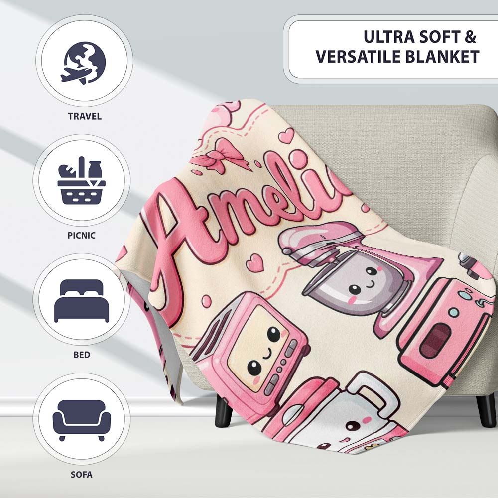 Cute Kawaii  Appliances Mixer Toaster Blender Cream  Personalised Custom Name Super Soft Fleece Blanket Bed Sofa Throw
