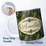 Personalized Custom Name Dark Green Dense Fern Forest Seamless Pattern Cute Unique Gift 11oz Ceramic Coffee Tea Mug White Large Handle