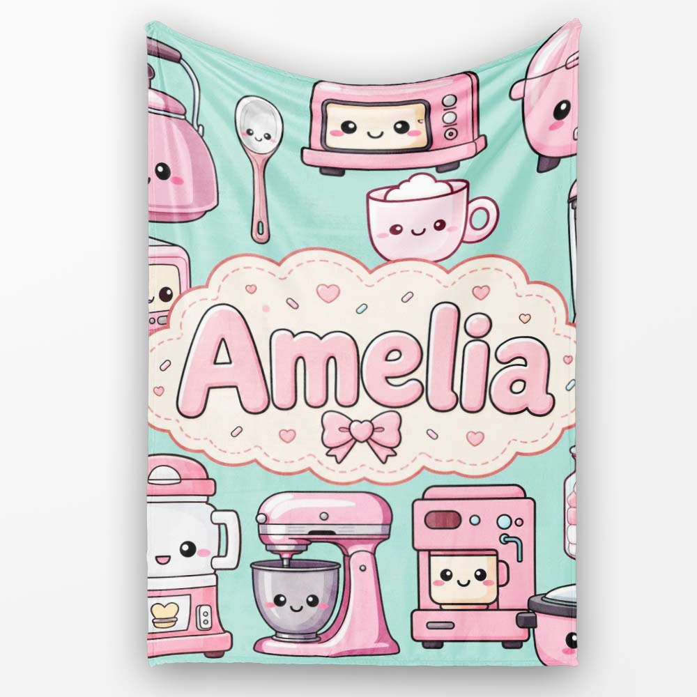 Cute Kawaii  Appliances Mixer Toaster Blender Mint  Personalised Custom Name Super Soft Fleece Blanket Bed Sofa Throw