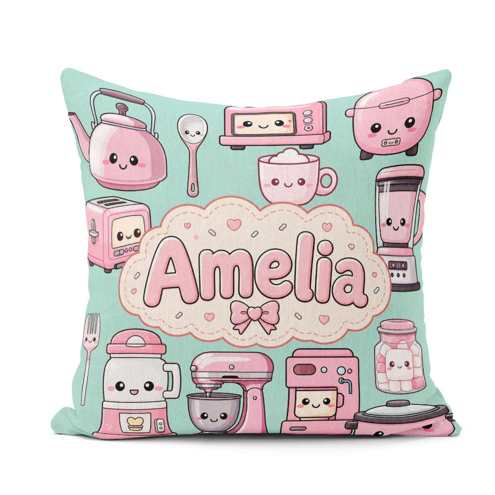 Custom Name Cute Kawaii Appliances Mixer Toaster Blender Mint Square Filled Cushion Throw Pillow Sofa Bed Home Decor Zip Washable UK Made