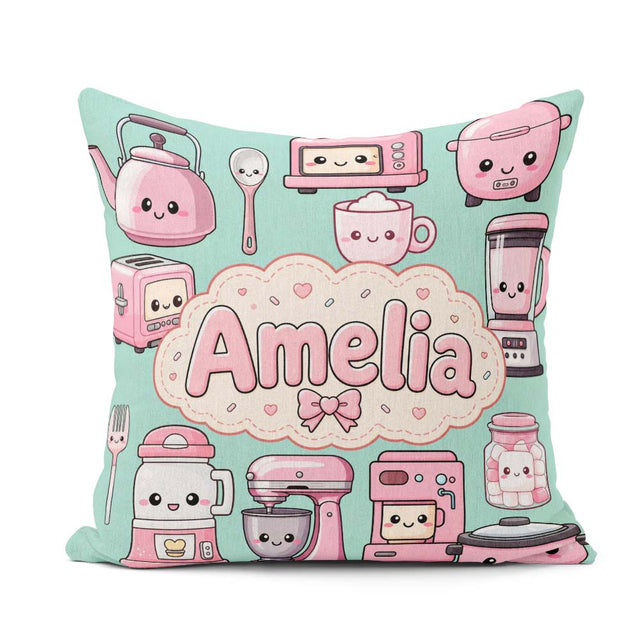 Custom Name Cute Kawaii Appliances Mixer Toaster Blender Mint Square Filled Cushion Throw Pillow Sofa Bed Home Decor Zip Washable UK Made