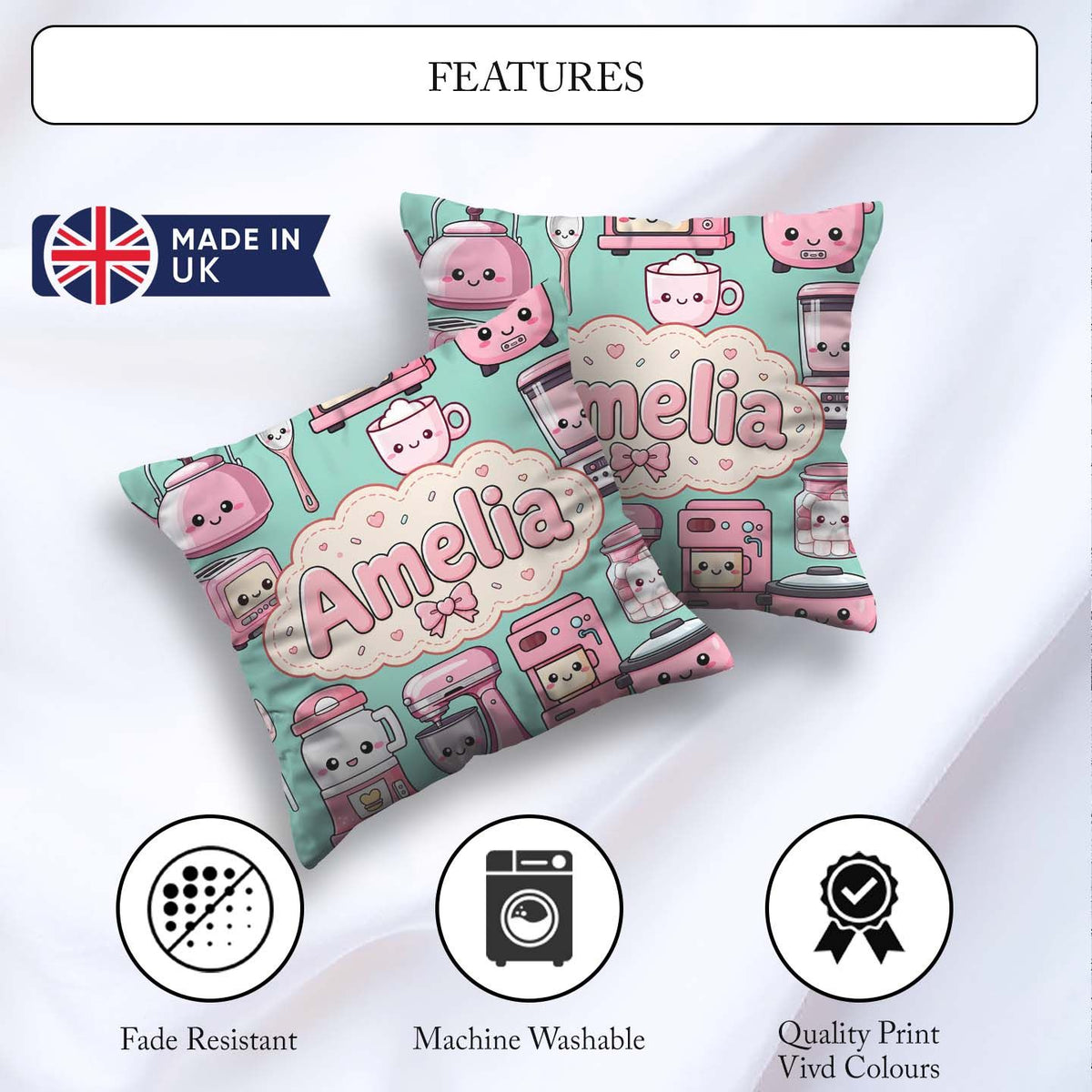 Custom Name Cute Kawaii Appliances Mixer Toaster Blender Mint Square Filled Cushion Throw Pillow Sofa Bed Home Decor Zip Washable UK Made