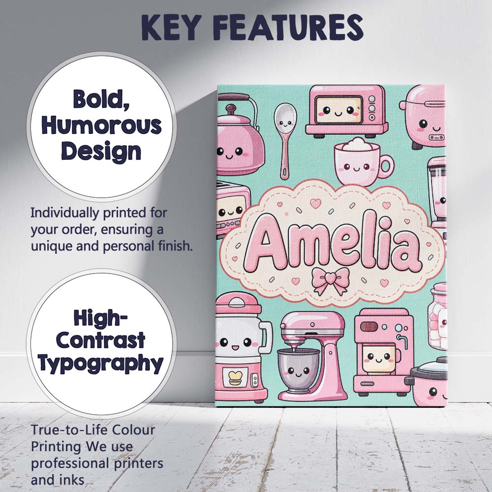Personalised Name Cute Kawaii Appliances Custom  Unique Gift Idea Elegant Feature Canvas Wall Art Print Decor Picture Ready to Hang