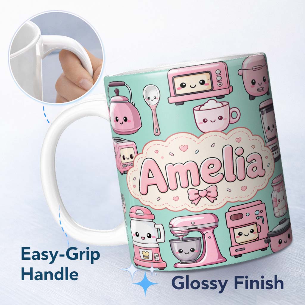 Personalized Custom Name Cute Kawaii Kitchen Appliances Mixer Toaster Blender Mint 11oz Ceramic Coffee Tea Mug White Large Handle
