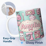 Personalized Custom Name Cute Kawaii Kitchen Appliances Mixer Toaster Blender Mint 11oz Ceramic Coffee Tea Mug White Large Handle