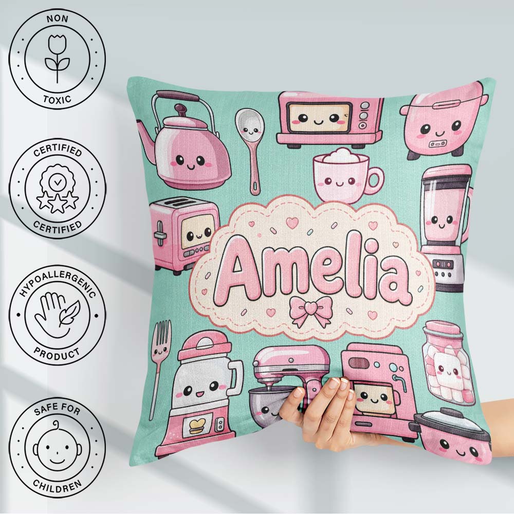 Custom Name Cute Kawaii Appliances Mixer Toaster Blender Mint Square Filled Cushion Throw Pillow Sofa Bed Home Decor Zip Washable UK Made