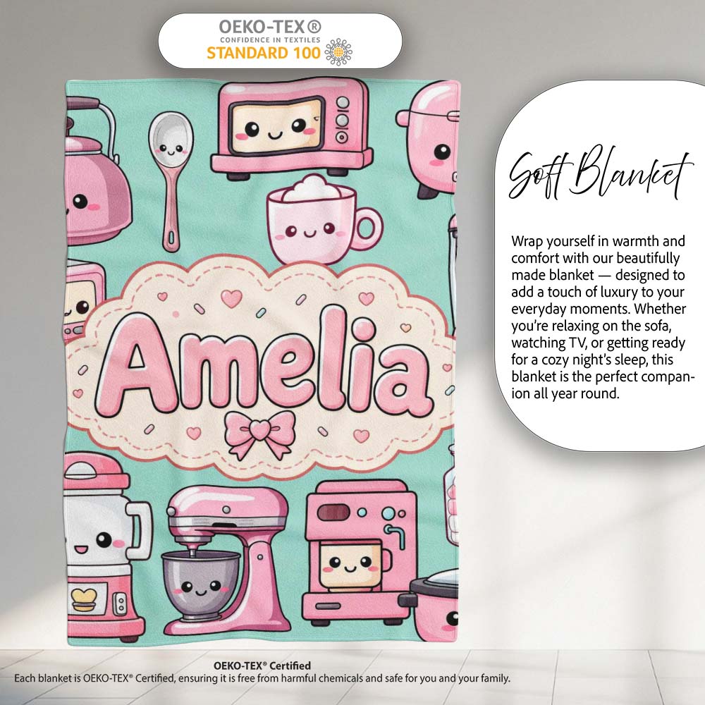 Cute Kawaii  Appliances Mixer Toaster Blender Mint  Personalised Custom Name Super Soft Fleece Blanket Bed Sofa Throw