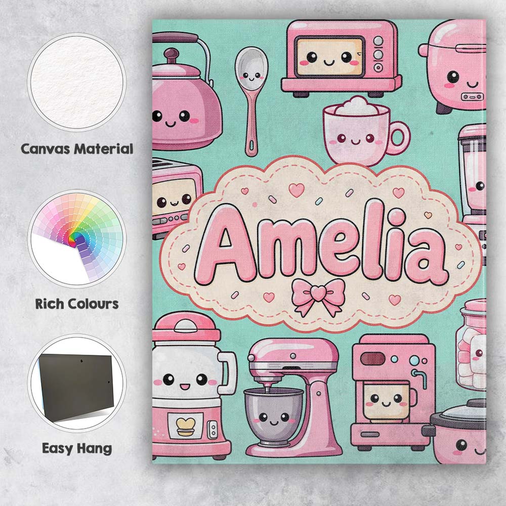 Personalised Name Cute Kawaii Appliances Custom  Unique Gift Idea Elegant Feature Canvas Wall Art Print Decor Picture Ready to Hang