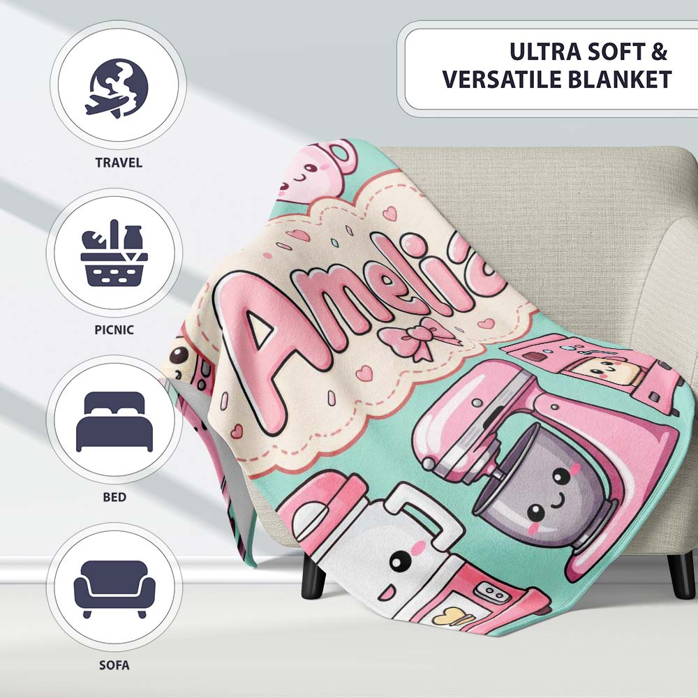 Cute Kawaii  Appliances Mixer Toaster Blender Mint  Personalised Custom Name Super Soft Fleece Blanket Bed Sofa Throw
