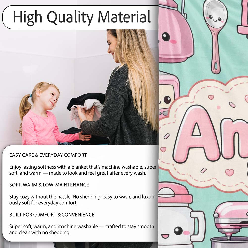 Cute Kawaii  Appliances Mixer Toaster Blender Mint  Personalised Custom Name Super Soft Fleece Blanket Bed Sofa Throw