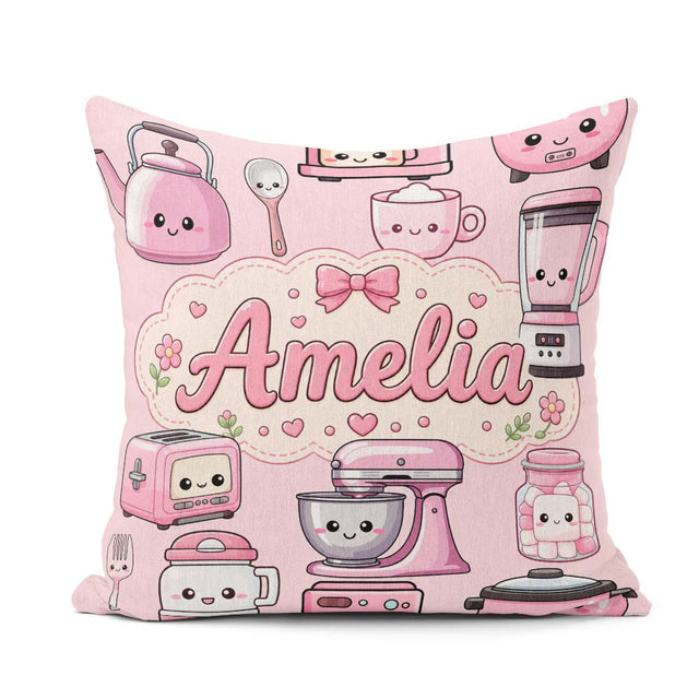 Custom Name Cute Kawaii Appliances Mixer Toaster Blender Teal Square Filled Cushion Throw Pillow Sofa Bed Home Decor Zip Washable UK Made