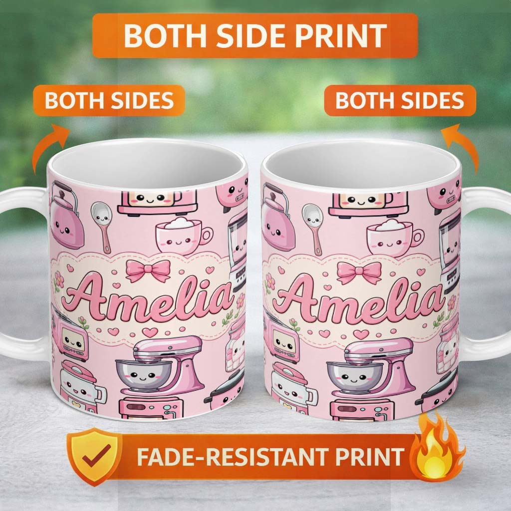 Personalized Custom Name Cute Kawaii Kitchen Appliances Mixer Toaster Blender Teal 11oz Ceramic Coffee Tea Mug White Large Handle