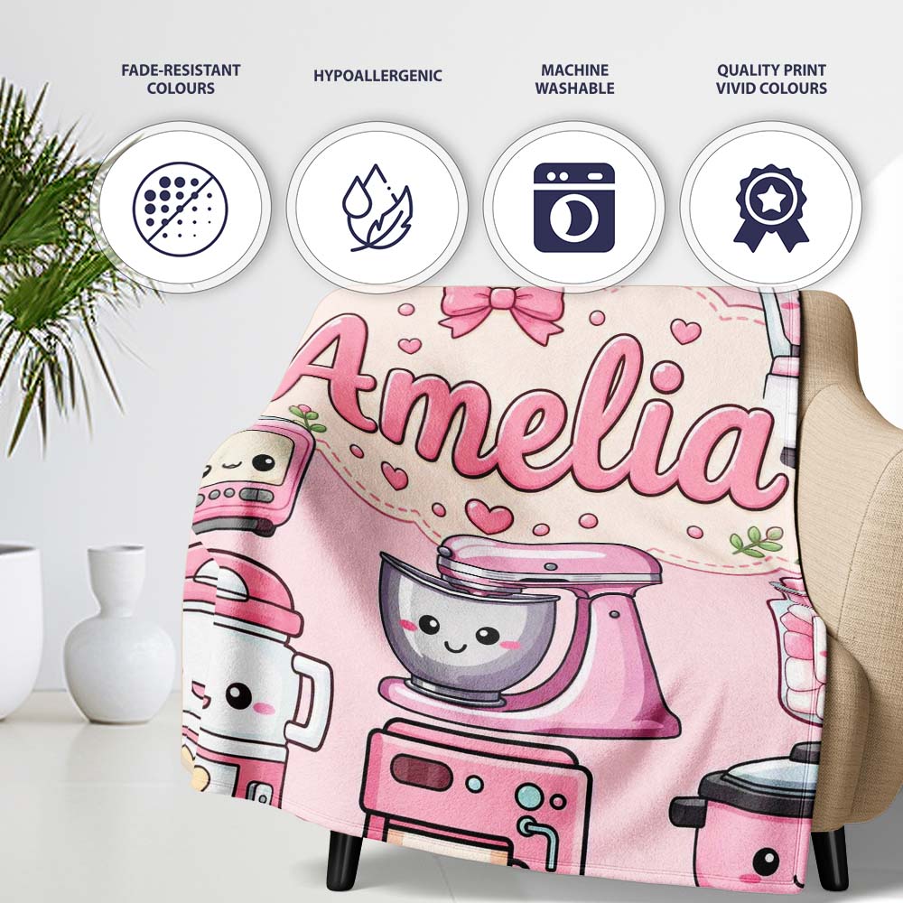 Cute Kawaii  Appliances Mixer Toaster Blender Teal  Personalised Custom Name Super Soft Fleece Blanket Bed Sofa Throw