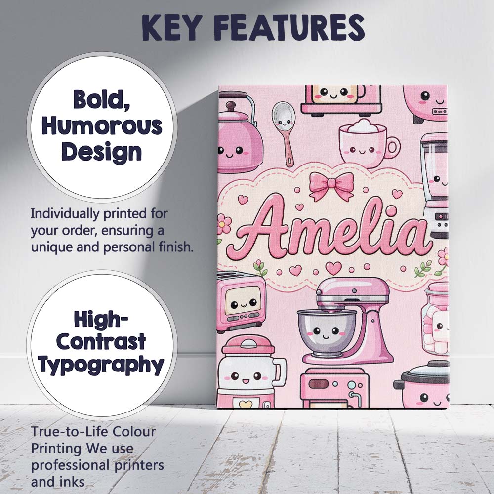 Personalised Name Cute Kawaii Appliances Custom  Unique Gift Idea Elegant Feature Canvas Wall Art Print Decor Picture Ready to Hang