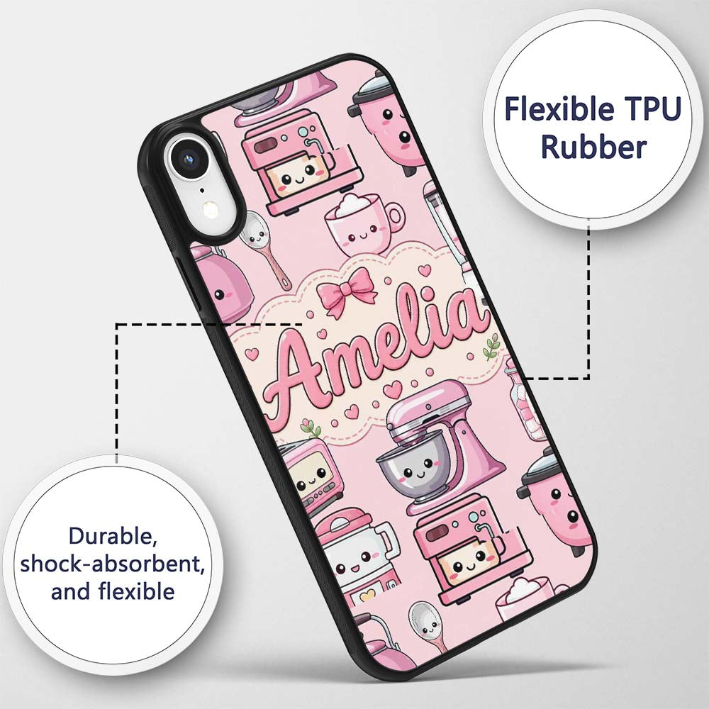 Cute Kawaii Appliances Mixer Toaster Blender Teal Custom Name Protective Phone Case Mobile Cover Durable Everyday Smartphone Shock Resistant
