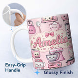 Personalized Custom Name Cute Kawaii Kitchen Appliances Mixer Toaster Blender Teal 11oz Ceramic Coffee Tea Mug White Large Handle