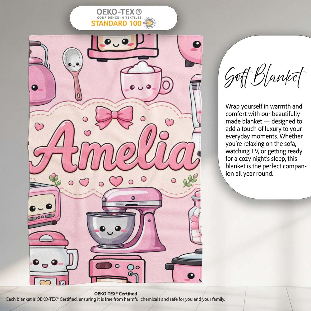 Cute Kawaii  Appliances Mixer Toaster Blender Teal  Personalised Custom Name Super Soft Fleece Blanket Bed Sofa Throw