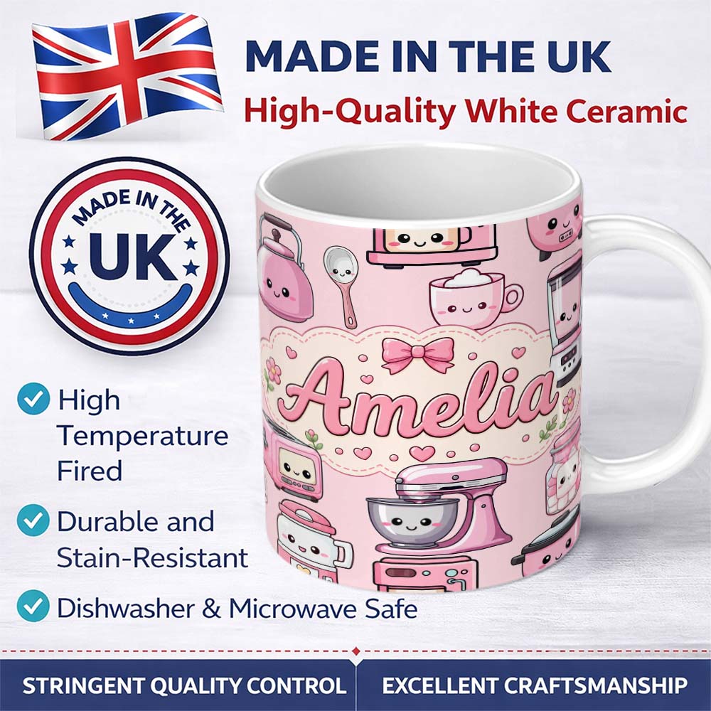 Personalized Custom Name Cute Kawaii Kitchen Appliances Mixer Toaster Blender Teal 11oz Ceramic Coffee Tea Mug White Large Handle