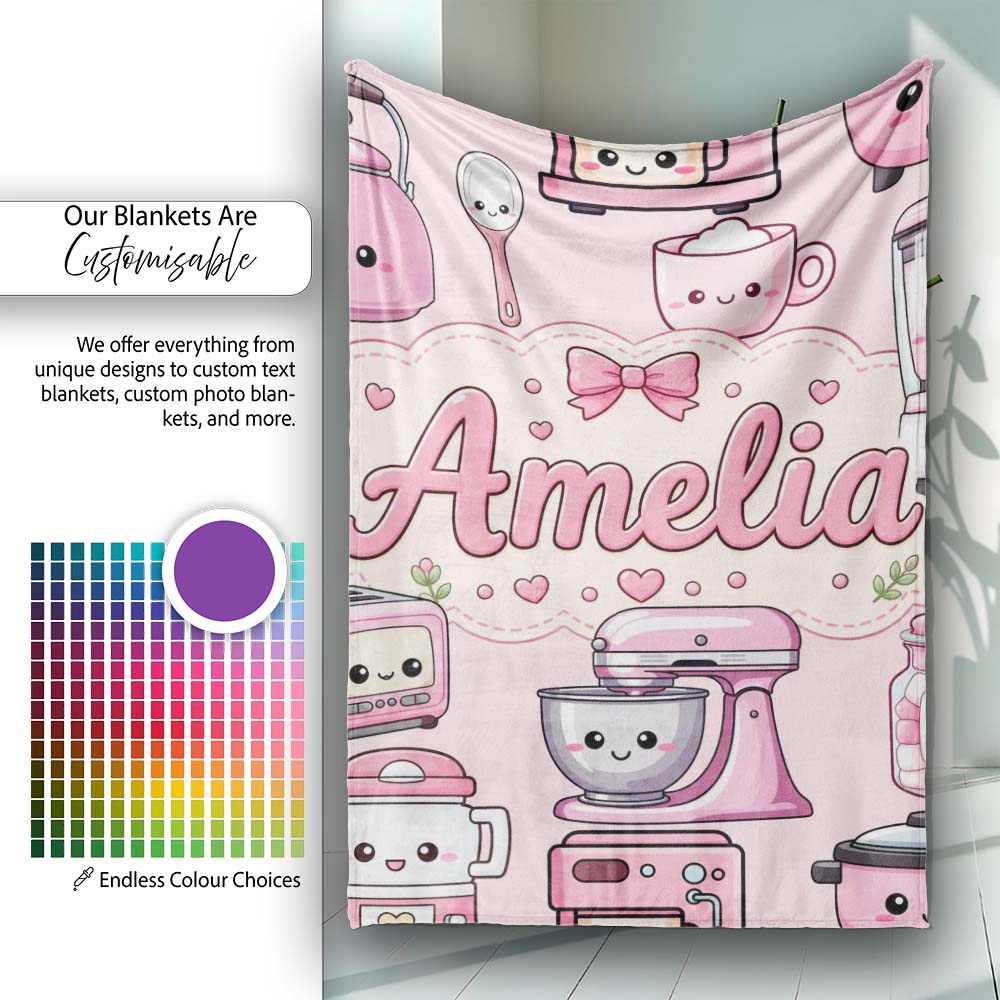 Cute Kawaii  Appliances Mixer Toaster Blender Teal  Personalised Custom Name Super Soft Fleece Blanket Bed Sofa Throw