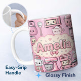 Personalized Custom Name Cute Kawaii Kitchen Appliances Mixer Toaster Blender Blush Pink 11oz Ceramic Coffee Tea Mug White Large Handle