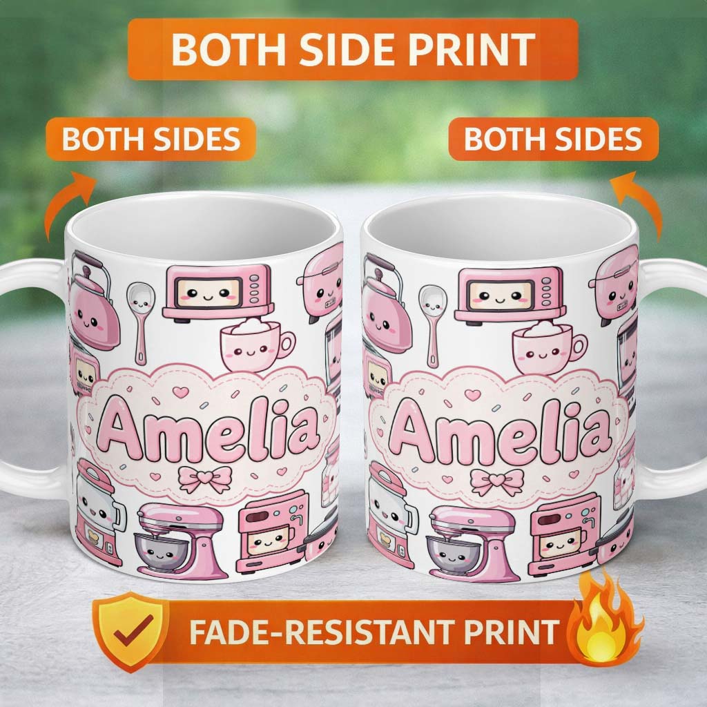 Personalized Custom Name Cute Kawaii Kitchen Appliances Mixer Toaster Blender Light Grey 11oz Ceramic Coffee Tea Mug White Large Handle