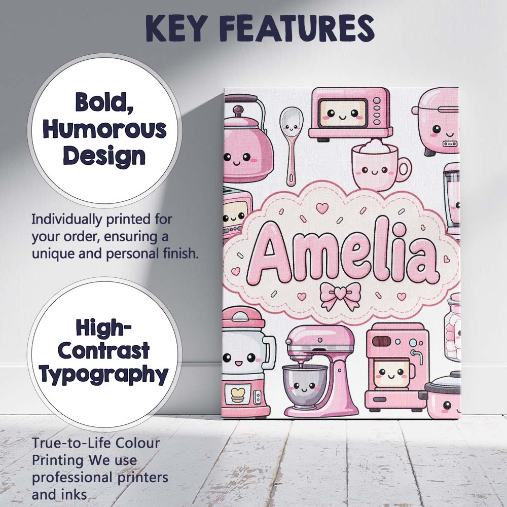 Personalised Name Cute Kawaii Appliances Custom  Unique Gift Idea Elegant Feature Canvas Wall Art Print Decor Picture Ready to Hang