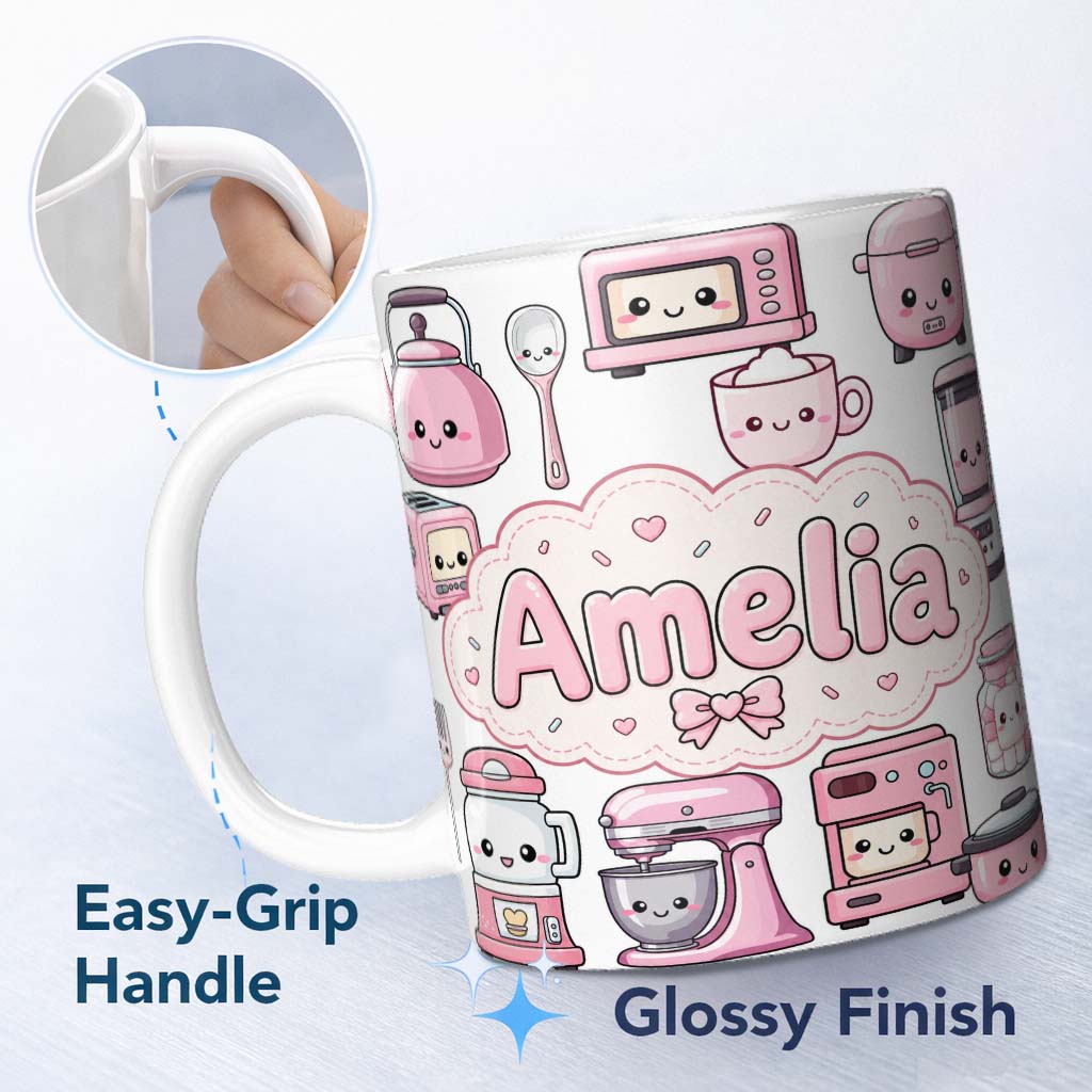 Personalized Custom Name Cute Kawaii Kitchen Appliances Mixer Toaster Blender Light Grey 11oz Ceramic Coffee Tea Mug White Large Handle