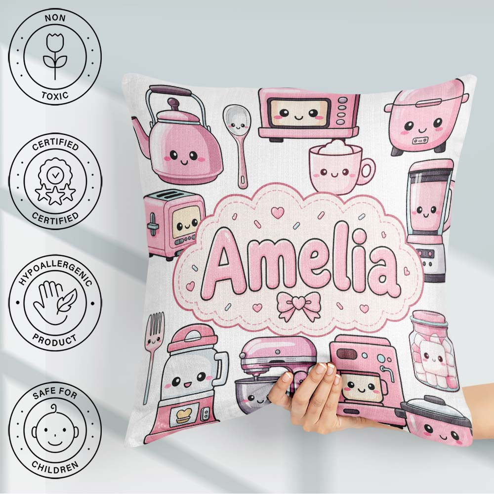 Custom Name Kawaii Appliances Mixer Toaster Blender Light Grey Square Filled Cushion Throw Pillow Sofa Bed Home Decor Zip Washable UK Made