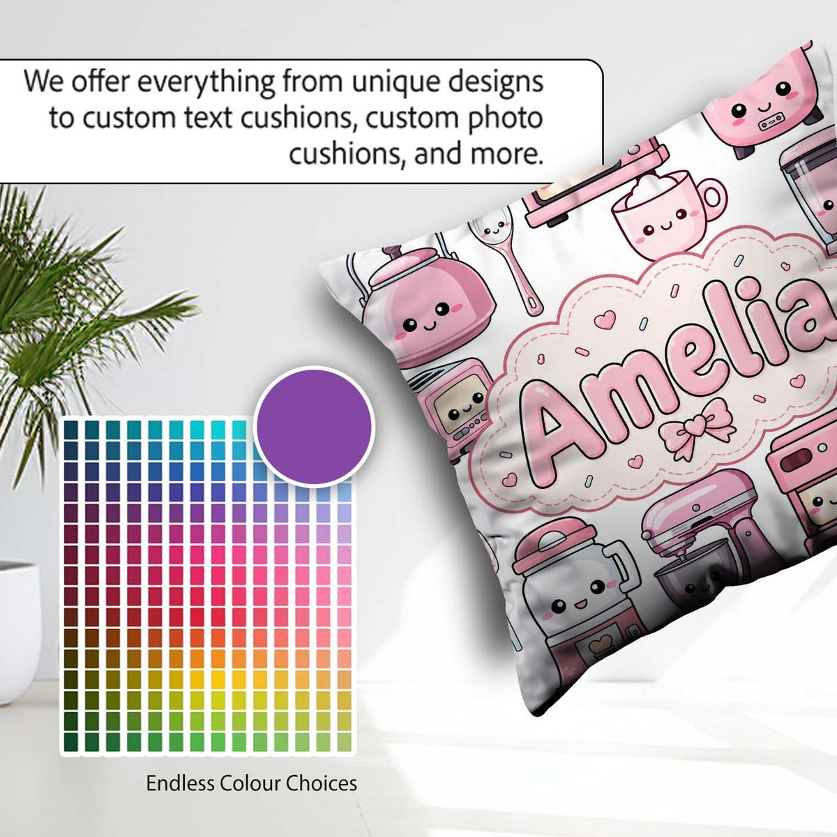 Custom Name Kawaii Appliances Mixer Toaster Blender Light Grey Square Filled Cushion Throw Pillow Sofa Bed Home Decor Zip Washable UK Made