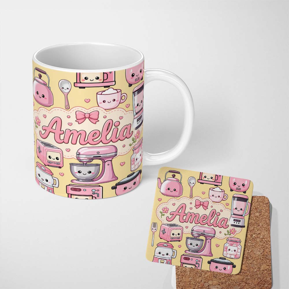 Personalized Custom Name Cute Kawaii Kitchen Appliances Mixer Toaster Blender Yellow 11oz Ceramic Coffee Tea Mug White Large Handle