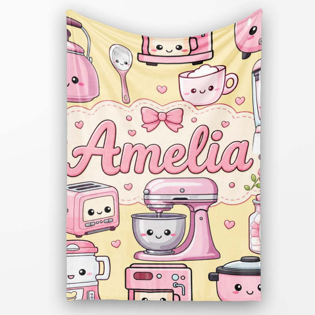 Cute Kawaii  Appliances Mixer Toaster Blender Yellow  Personalised Custom Name Super Soft Fleece Blanket Bed Sofa Throw