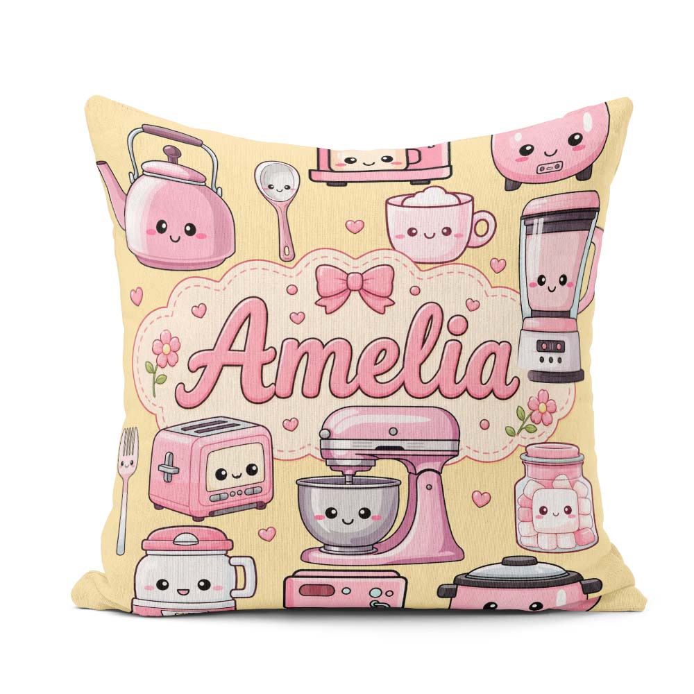Custom Name Cute Kawaii Appliances Mixer Toaster Blender Yellow Square Filled Cushion Throw Pillow Sofa Bed Home Decor Zip Washable UK Made