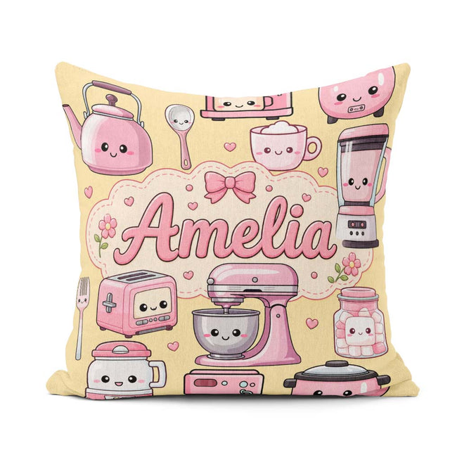 Custom Name Cute Kawaii Appliances Mixer Toaster Blender Yellow Square Filled Cushion Throw Pillow Sofa Bed Home Decor Zip Washable UK Made