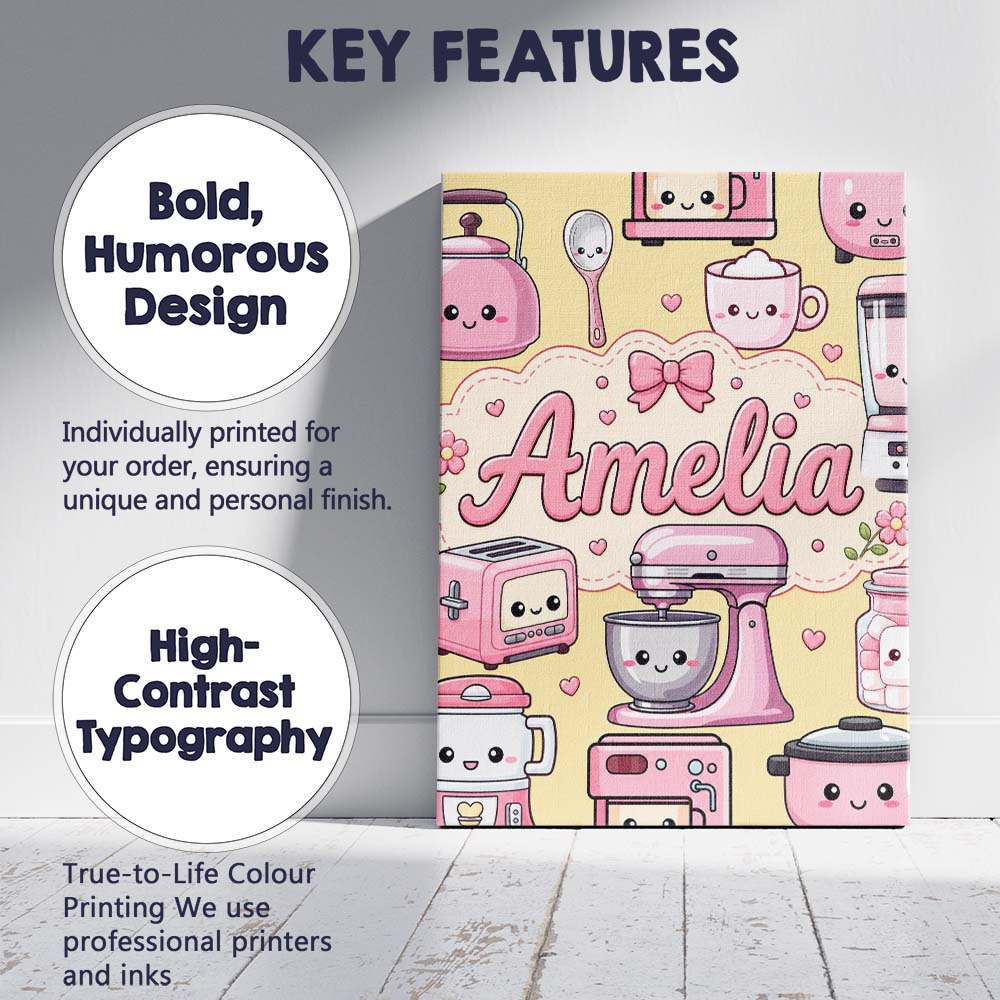 Personalised Name Cute Kawaii Appliances Custom  Unique Gift Idea Elegant Feature Canvas Wall Art Print Decor Picture Ready to Hang