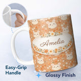 Personalized Custom Name Cute Bunny Floral Meadow Seamless Pattern Thoughtful Gift Idea 11oz Ceramic Coffee Tea Mug White Large Handle