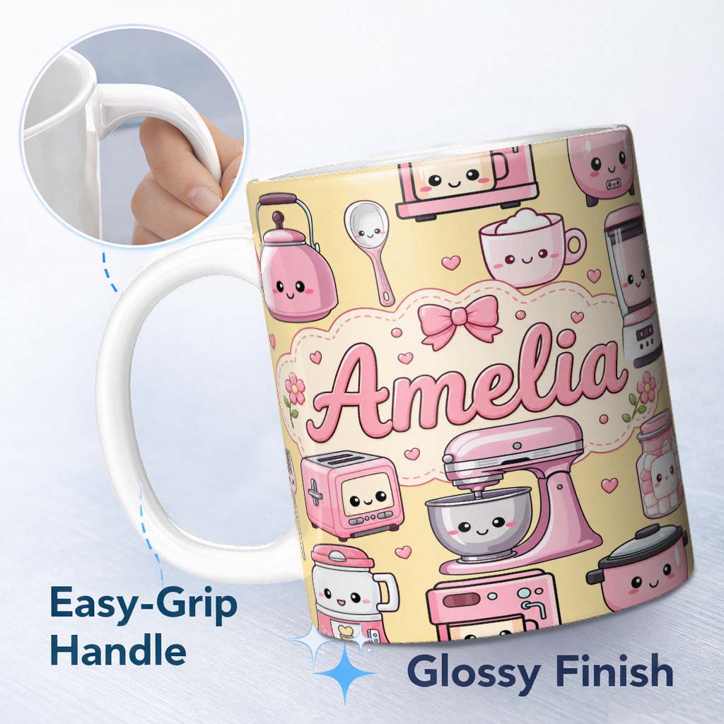 Personalized Custom Name Cute Kawaii Kitchen Appliances Mixer Toaster Blender Yellow 11oz Ceramic Coffee Tea Mug White Large Handle