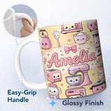 Personalized Custom Name Cute Kawaii Kitchen Appliances Mixer Toaster Blender Yellow 11oz Ceramic Coffee Tea Mug White Large Handle