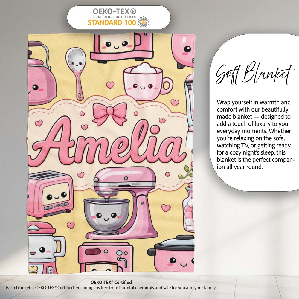 Cute Kawaii  Appliances Mixer Toaster Blender Yellow  Personalised Custom Name Super Soft Fleece Blanket Bed Sofa Throw