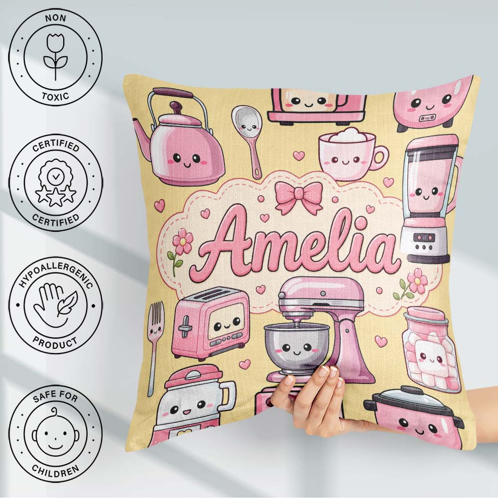 Custom Name Cute Kawaii Appliances Mixer Toaster Blender Yellow Square Filled Cushion Throw Pillow Sofa Bed Home Decor Zip Washable UK Made