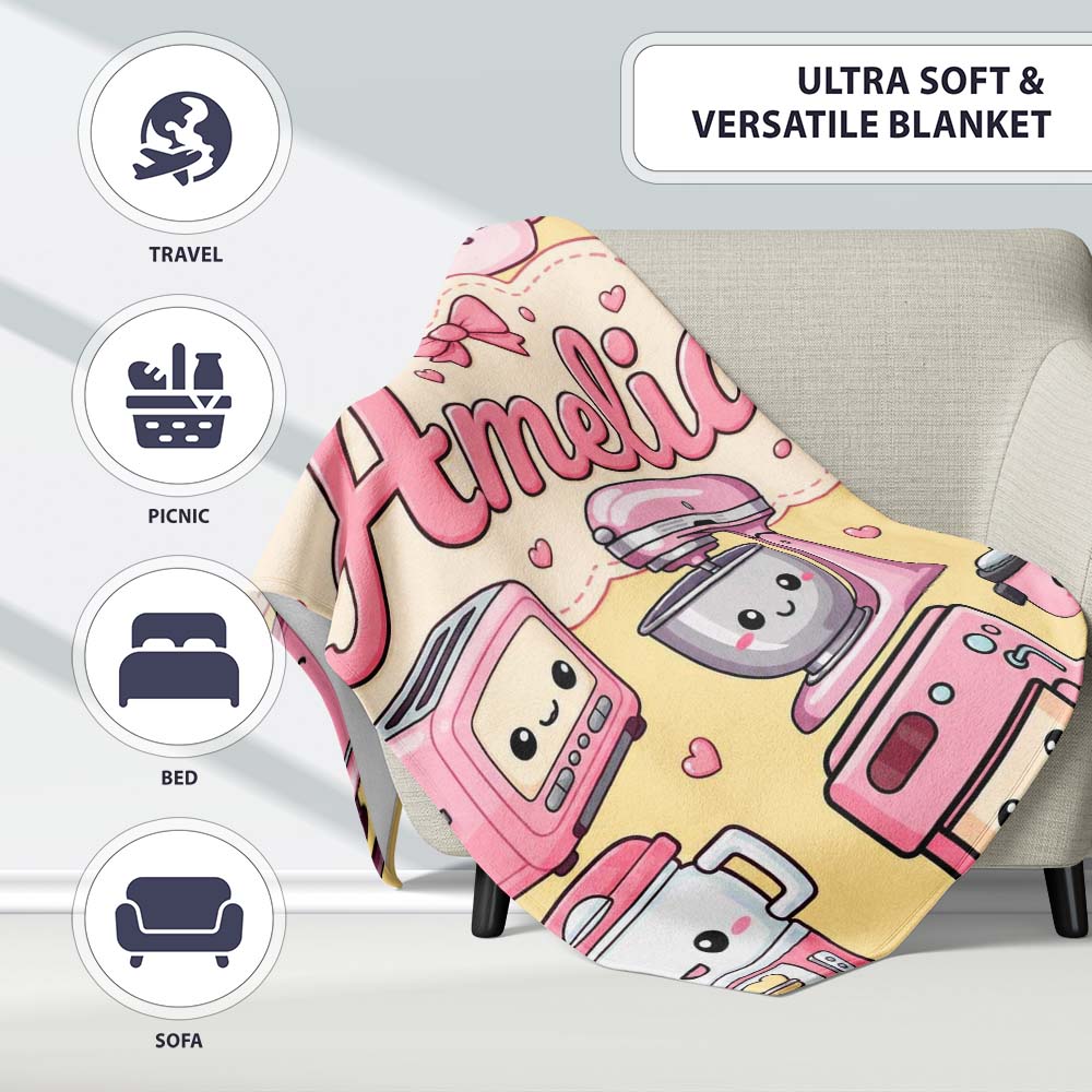 Cute Kawaii  Appliances Mixer Toaster Blender Yellow  Personalised Custom Name Super Soft Fleece Blanket Bed Sofa Throw