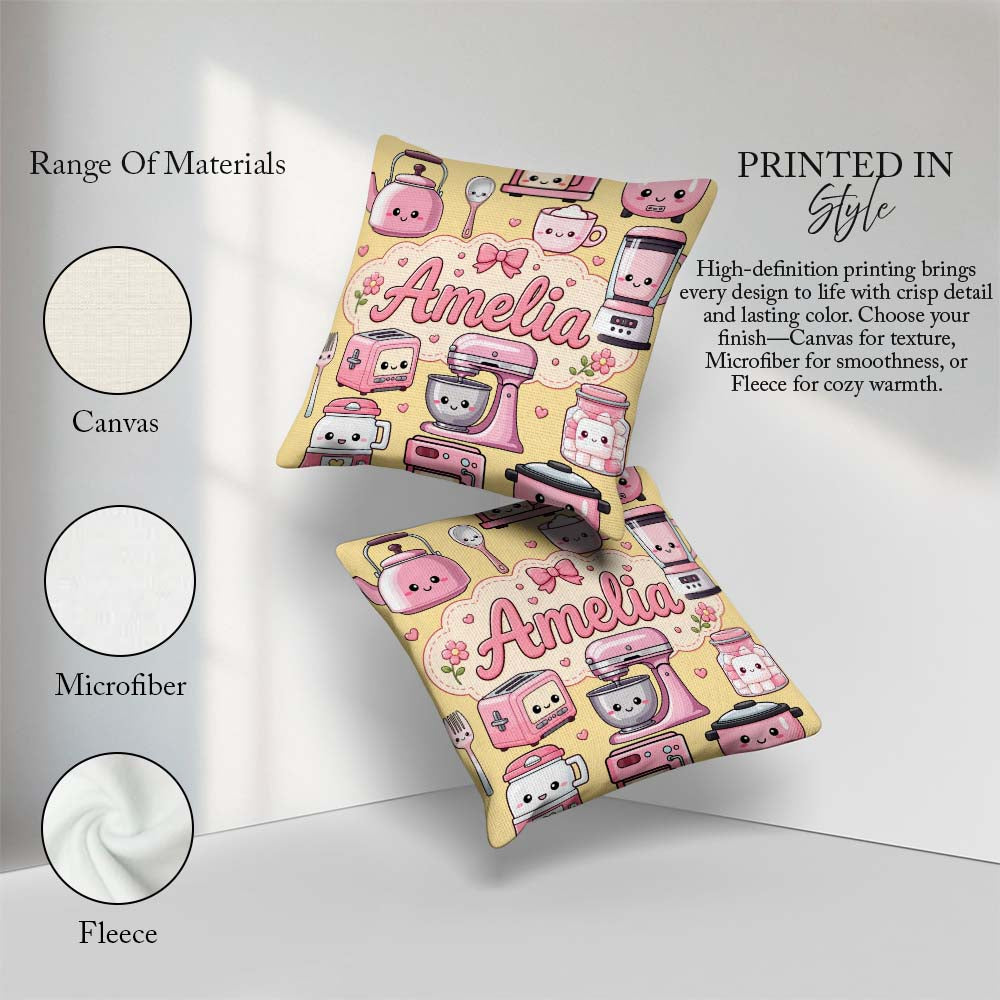 Custom Name Cute Kawaii Appliances Mixer Toaster Blender Yellow Square Filled Cushion Throw Pillow Sofa Bed Home Decor Zip Washable UK Made