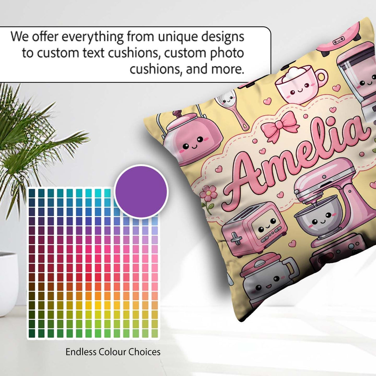 Custom Name Cute Kawaii Appliances Mixer Toaster Blender Yellow Square Filled Cushion Throw Pillow Sofa Bed Home Decor Zip Washable UK Made