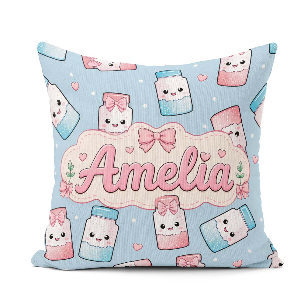 Custom Name Kawaii Sugar Jar Bottles with Glitter Sprinkles Blue Square Filled Cushion Throw Pillow Sofa Bed Home Decor Zip Washable UK Made