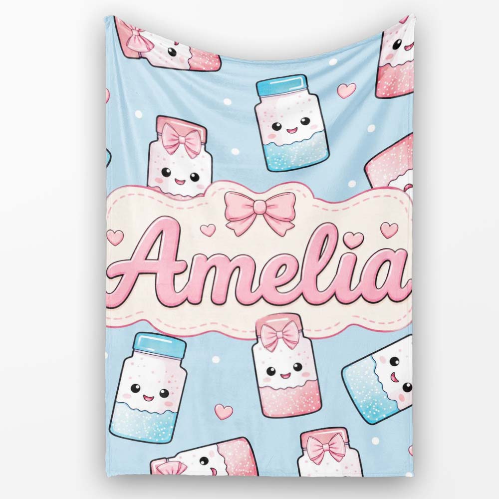 Cute Kawaii Sugar Jar Bottles with Glitter Sprinkles Blue  Personalised Custom Name Super Soft Fleece Blanket Bed Sofa Throw