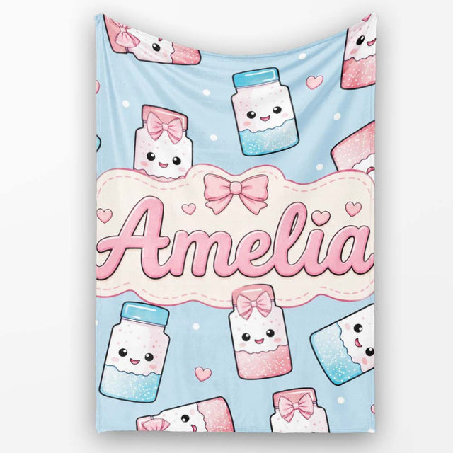 Cute Kawaii Sugar Jar Bottles with Glitter Sprinkles Blue  Personalised Custom Name Super Soft Fleece Blanket Bed Sofa Throw