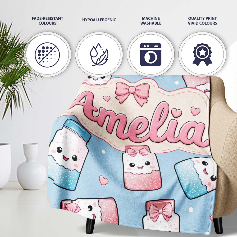 Cute Kawaii Sugar Jar Bottles with Glitter Sprinkles Blue  Personalised Custom Name Super Soft Fleece Blanket Bed Sofa Throw