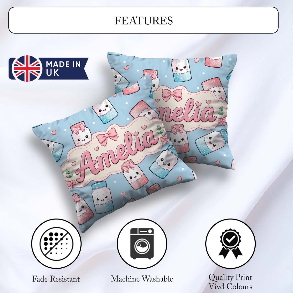 Custom Name Kawaii Sugar Jar Bottles with Glitter Sprinkles Blue Square Filled Cushion Throw Pillow Sofa Bed Home Decor Zip Washable UK Made